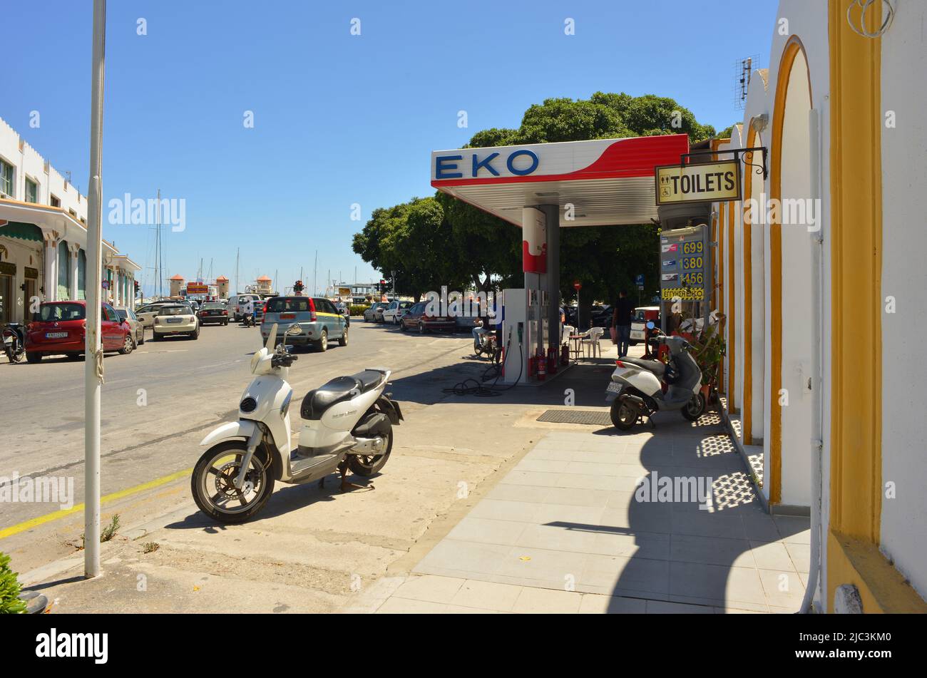 Rhodes, Greece 06022021 gas service station and view to the harbour