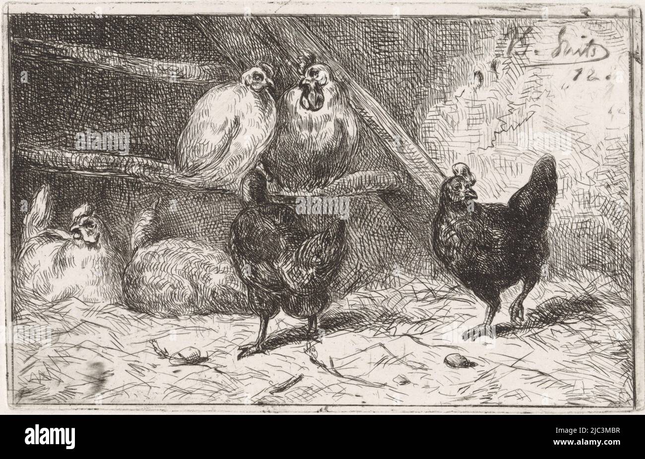 Rooster and five chickens in a coop. Two of them are sitting on sticks. Two black chickens are scurrying around, the other two are lying on the ground., Rooster and five chickens in a coop, print maker: Jan Gerard Smits, (mentioned on object), The Hague, 1872, paper, etching, h 70 mm × w 109 mm Stock Photo