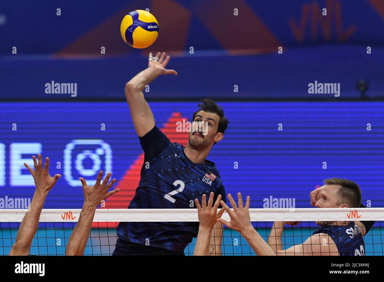 Brasilia, Brazil. 09th June, 2022. DF - Brasilia - 06/09/2022 - MEN'S VOLLEYBALL NATIONS LEAGUE NETHERLANDS X UNITED STATES - Russell Aaron player from the United States attacks during a match against Holland at Nilson Nelson Gymnasium for the Men's Volleyball Nations League 2022. Photo: Mateus Bonomi/ AGIF/Sipa USA Credit: Sipa USA/Alamy Live News Stock Photo