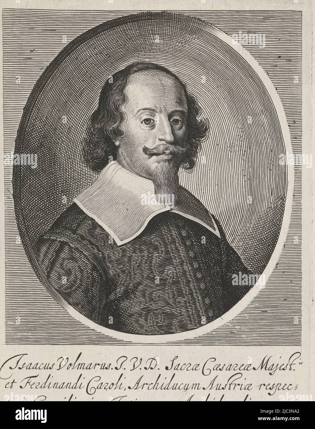 Portrait of Isaak Volmar, negotiator at the Peace of Westphalia. Bust to the left in an oval. Below in the margin a six-line text in Latin., Portrait of Isaak Volmar, print maker: Pieter Nolpe, publisher: Abraham van Waesberge (I), (possibly), Amsterdam, 1644, paper, etching, engraving, h 213 mm × w 137 mm Stock Photo