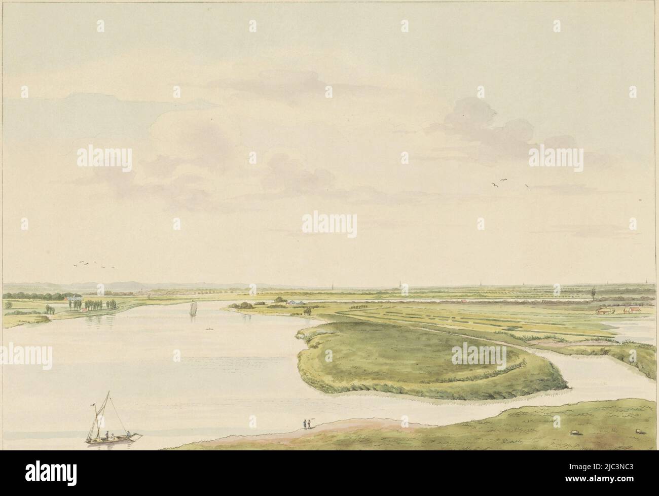 View of the river Waal. A boat can be seen on the river and a flock of sheep are grazing on the bank. The print is part of a suite of nine prints, including the title print, View of the river Waal northeast of Nijmegen Towards the north-east (title on object) Views around the city of Nijmegen (series title) Gelderland panorama or round view after life drawn on belvedere in Nymegen (series title)., print maker: Derk Anthony van de Wart, (mentioned on object), Nijmegen, 1815 - 1824, paper, etching, brush, h 317 mm × w 363 mm Stock Photo