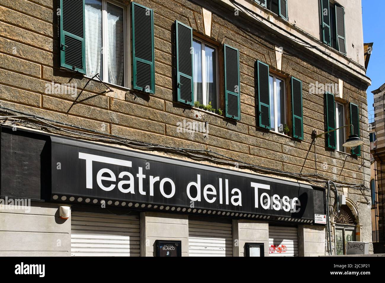 Exterior and sign of the Teatro della Tosse, theatre in the old town of Genoa, Liguria, Italy Stock Photo