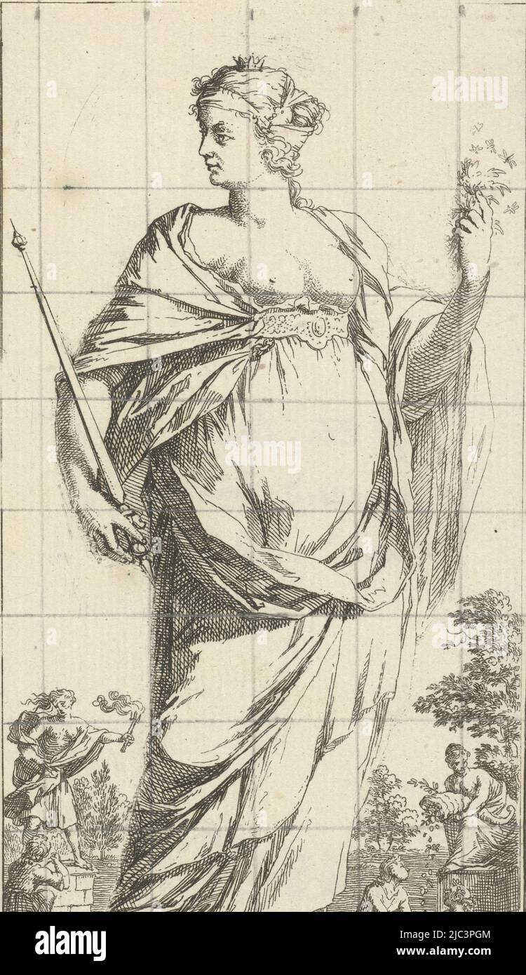 a female figure chained to her foot holding a scepter in her right hand as a personification of the married state in the background left a couple drawing from a horn of plenty and on the left a figure holding a torch on a pedestal with a kneeling figure in front of it print from a series of 41 allusions over the print a grid in pencil personification of the married state married state title on object een en veertigh stuks verscheydene sinnebeelden series title print maker arnold houbraken arnold houbraken publisher leonard schenk amsterdam 1710 1719 paper etching h 175 mm 2JC3PGM