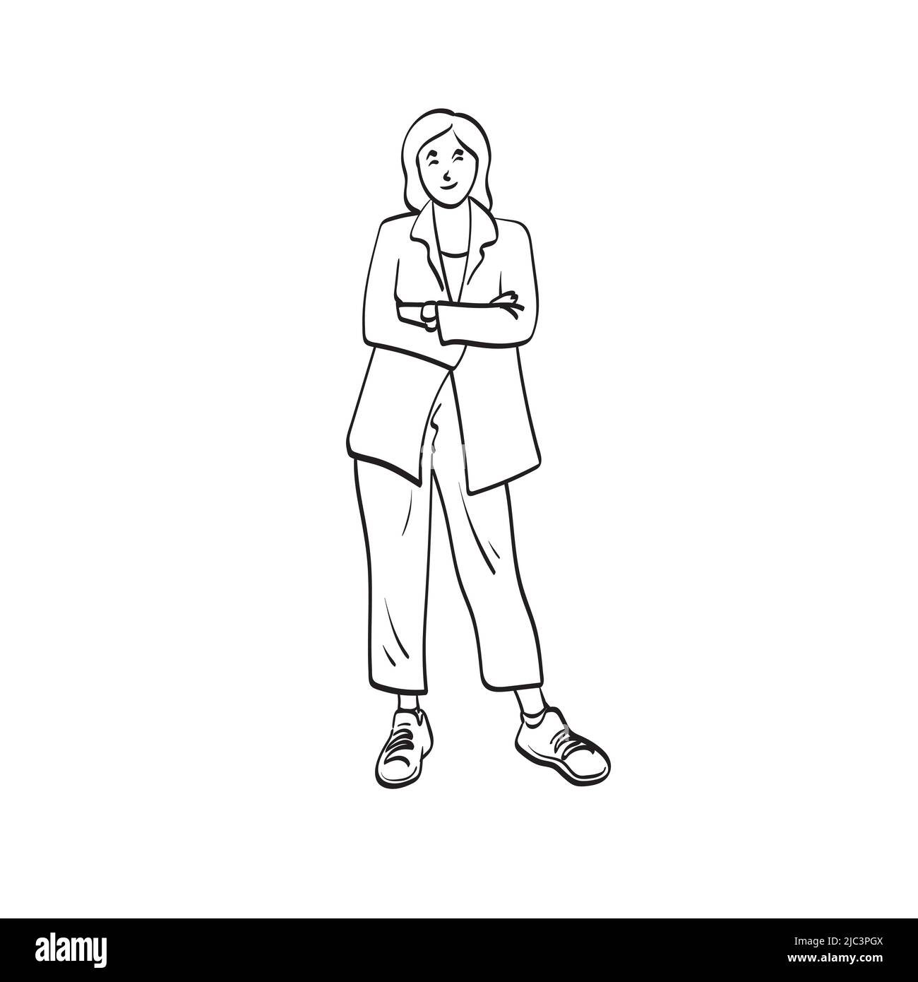 line art full length of smiling business woman with crossed arms ...