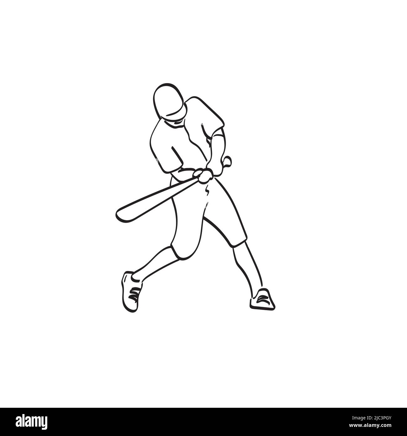 line art baseball batter hitting ball illustration vector hand drawn isolated on white background Stock Vector