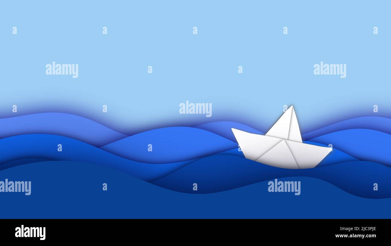 Paper boat on waves simple crisis and leadership concept. Paper cut
