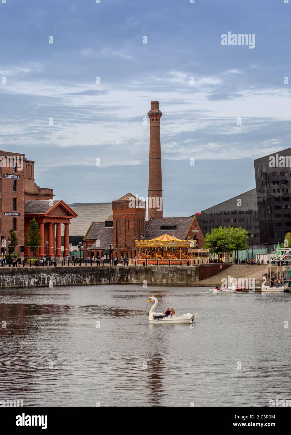 Liverpool docks with Pumphouse and tall ships view. Stock Photo