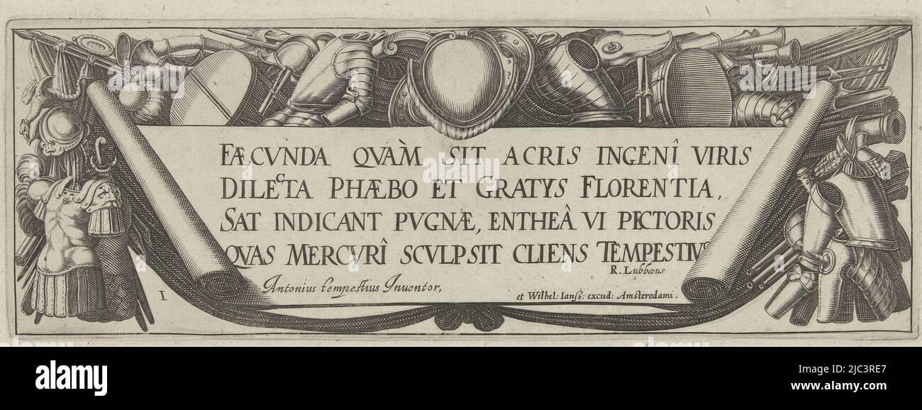 A banderole with a text in Latin is surrounded by various militaria, Banderole surrounded by militaria Cavalry (series title) Faecvnda qvam sit acris ingeni viris dilecta Phaebo et gratys Florentia, sat indicant pvgnae, enthea vi pectoris quas Mercuri sculpsit cliens tempestivs (series title on object), print maker: Simon Frisius, Antonio Tempesta, (mentioned on object), R. Lubbaeus, (mentioned on object), print maker: Northern Netherlands, Italy, publisher: Amsterdam, 1608 - 1639, paper, etching, engraving, h 97 mm × w 275 mm Stock Photo