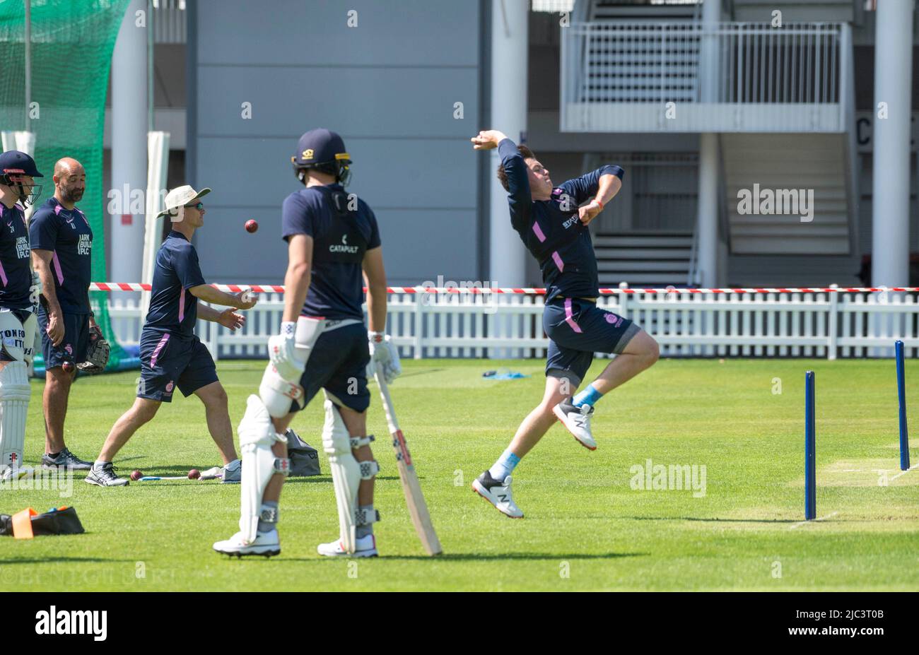 Ethan Bamber bowls during a Middlesex Training session on the 17th of May 2022 Stock Photo