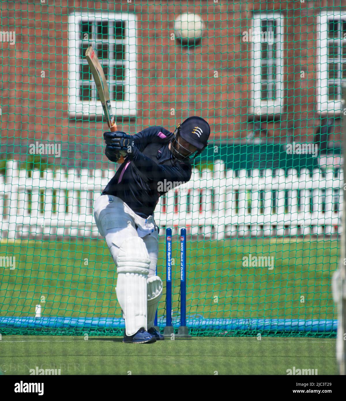 Mark Stonemason smashes the ball in the nets during a  Middlesex Training session on the 17th of May 2022 Stock Photo