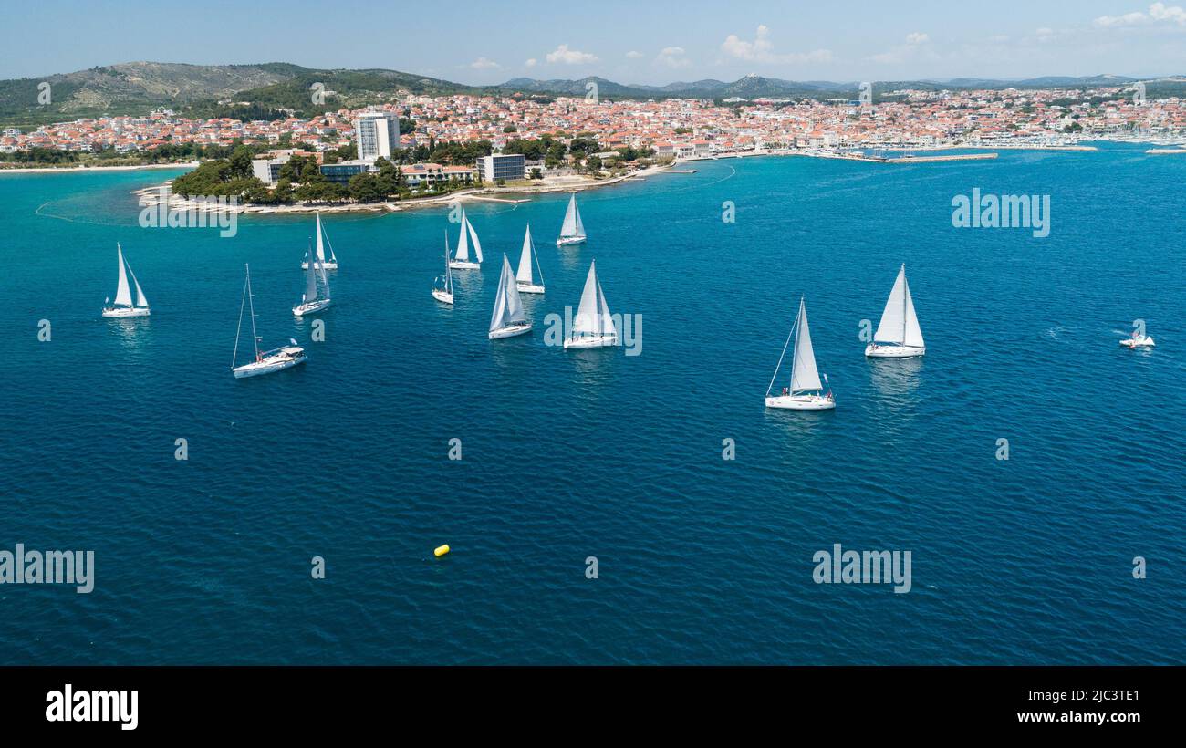 Aerial view of sailing yachts regatta race on sea near Vodice in Croatia, Adriatic sea Stock Photo