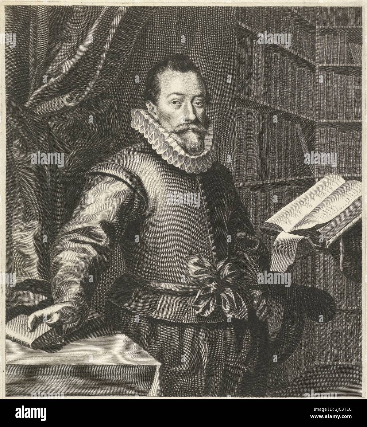 Portrait of Jacobus Taurinus, standing at a lectern in a library. Below the portrait is a verse of eight lines in Dutch., Portrait of Jacobus Taurinus, print maker: Hendrik Bary, (mentioned on object), Geeraert Brandt (I), (mentioned on object), Netherlands, 1657 - 1707, paper, engraving, h 280 mm × w 205 mm Stock Photo