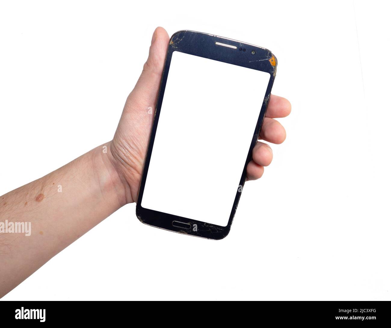 Mockup. Phone in the hand of a man. Blank white space on the phone ...