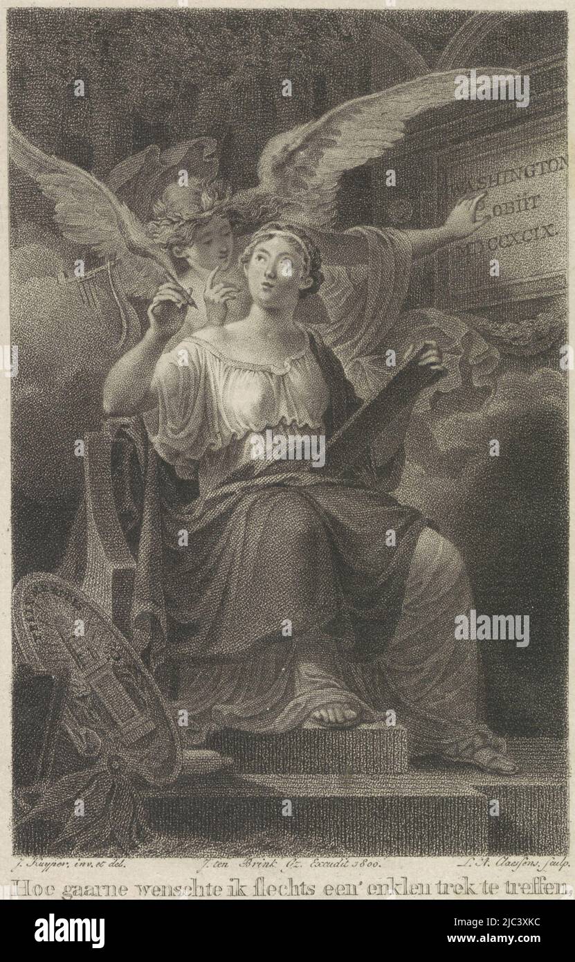History represented by a youthful woman is pointed out by a genius to a monument, on which one reads Washington obiit MDCCXCIX. In the margin a four-line verse: 'How I only wish' etc., Allegory of Washington's Death, 1799, print maker: Lambertus Antonius Claessens, (mentioned on object), intermediary draughtsman: Jacques Kuyper, (mentioned on object), publisher: Jan ten Brink Gerritsz, (mentioned on object), Netherlands, 1800, paper, h 174 mm × w 100 mm Stock Photo