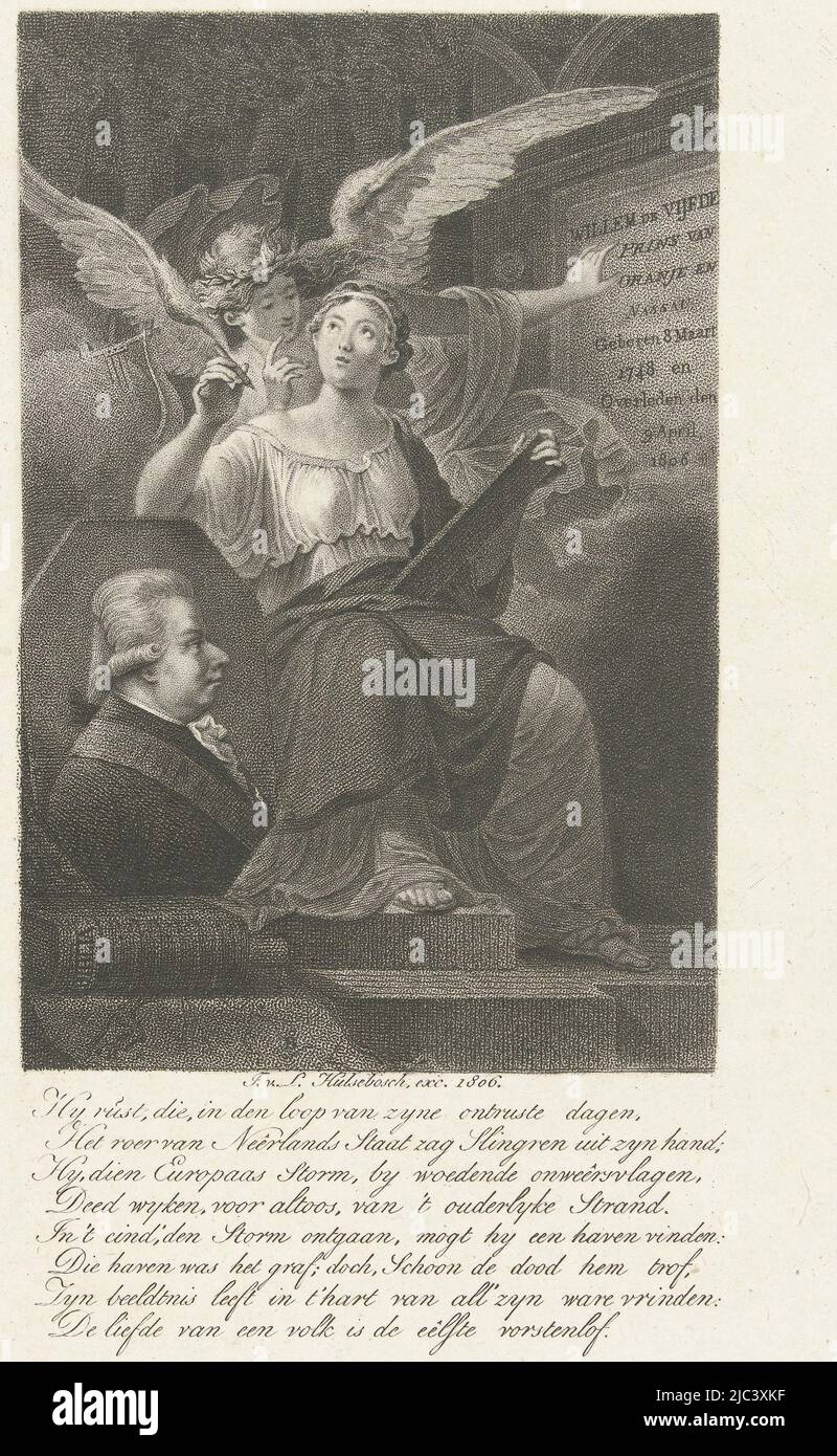 A woman in antique dress sits on a throne and writes a poem on the death of William V on a stone with a quill. With her arm she leans on a portrait of the prince. The portrait is on a Bible. An angel standing behind the woman points to the tomb of William V., Memorial print for William V, Prince of Orange, print maker: Lambertus Antonius Claessens, intermediary draughtsman: Jacques Kuyper, publisher: J. van Ledden Hulsebosch, (mentioned on object), Amsterdam, 1806, paper, etching, h 233 mm × w 142 mm Stock Photo