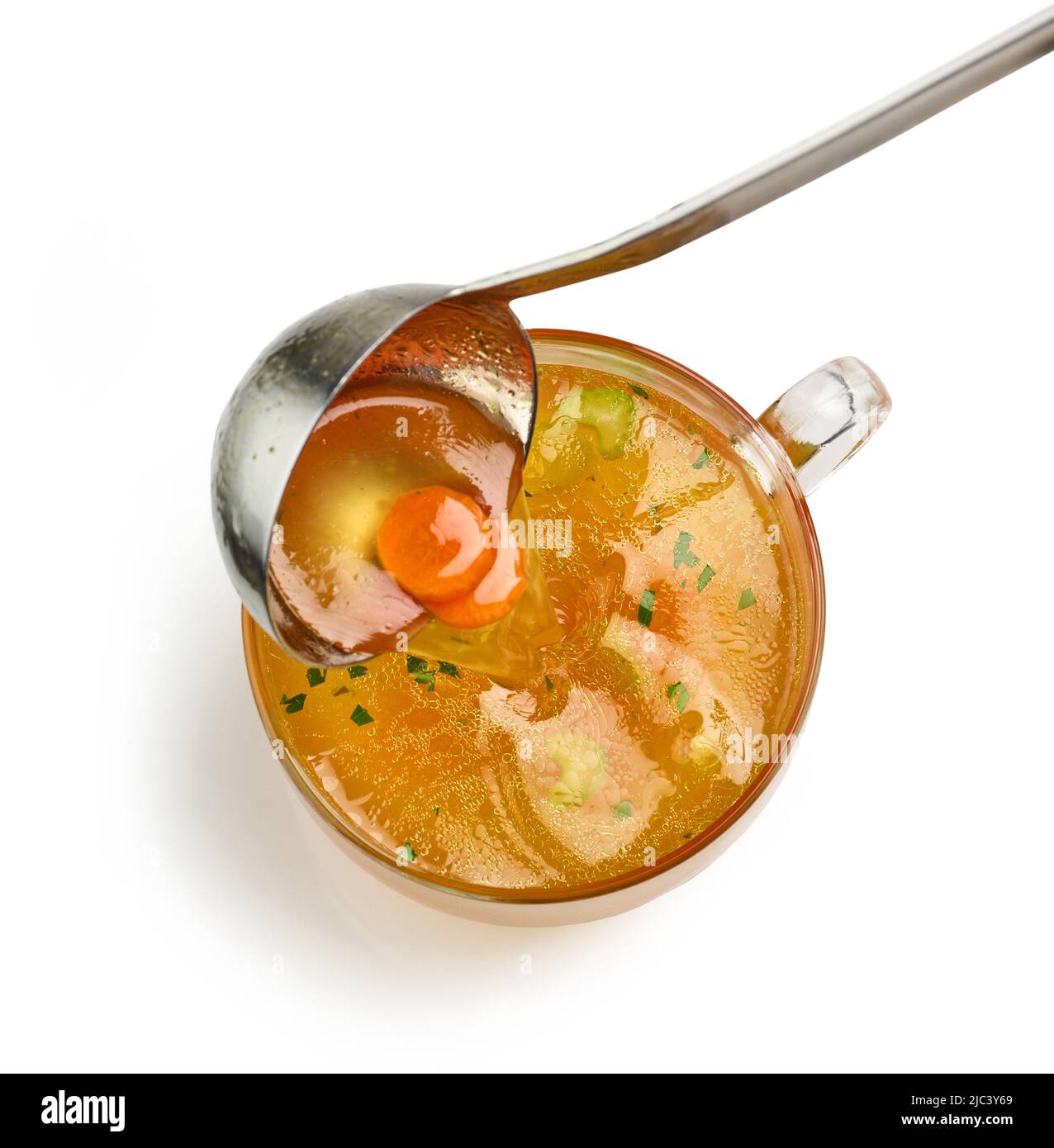 cup of fresh chicken bouillon isolated on white background, top view