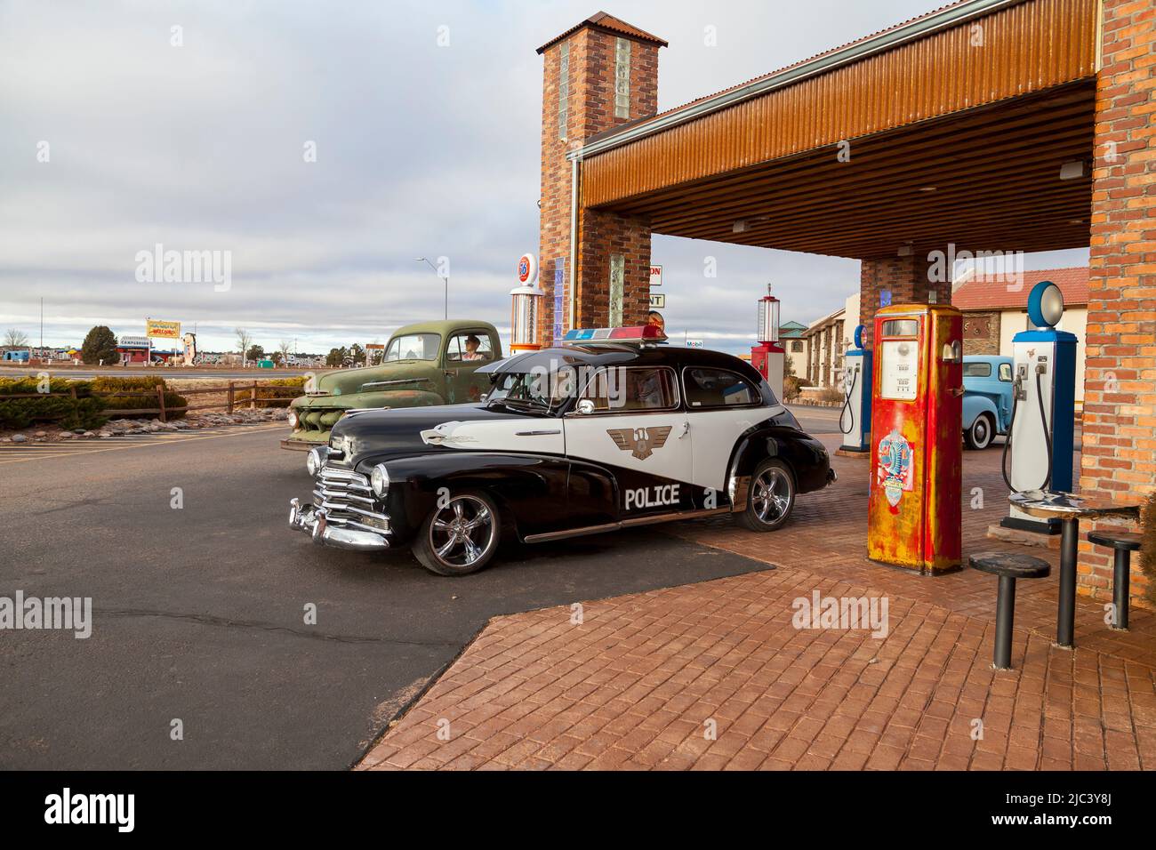 1948 classic Chevrolet police car displayed at a historic gas station in Valle, Arizona. USA Stock Photo