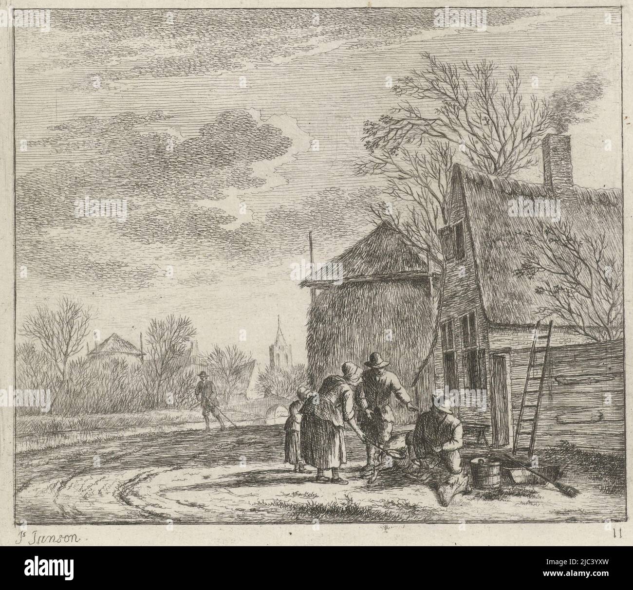 Landscape with a farmhouse to the right, with smoke coming out of the chimney, and a hay barn. In front of the farm a group of two women and two men, one of whom is cutting up a pig. On the left on a path a man walking. In the background a hay barn and church tower. Bottom right: 11. Twelfth print from a series of thirteen with months, Landscape with farmhouse and hay barn November The twelve months (series title) The coloured Drawings of the 12 Months (...) (series title), print maker: Johannes Janson, (mentioned on object), Johannes Janson, Leiden, 1783, paper, etching, h 146 mm × w 170 mm Stock Photo