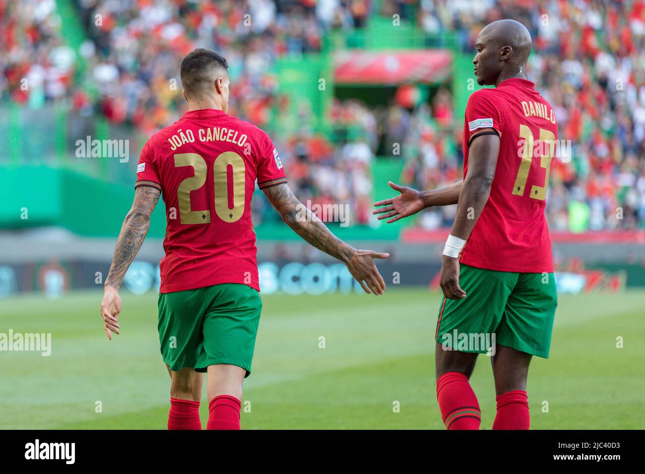 June 09, 2022. Lisbon, Portugal. Portugal's and Manchester City defender Joao Cancelo (20) celebrating after scoring a goal with Portugal's and Paris Saint-Germain midfielder Danilo Pereira (13) during the UEFA Nations League Final Tournament between Portugal and Czechia Credit: Alexandre de Sousa/Alamy Live News Stock Photo