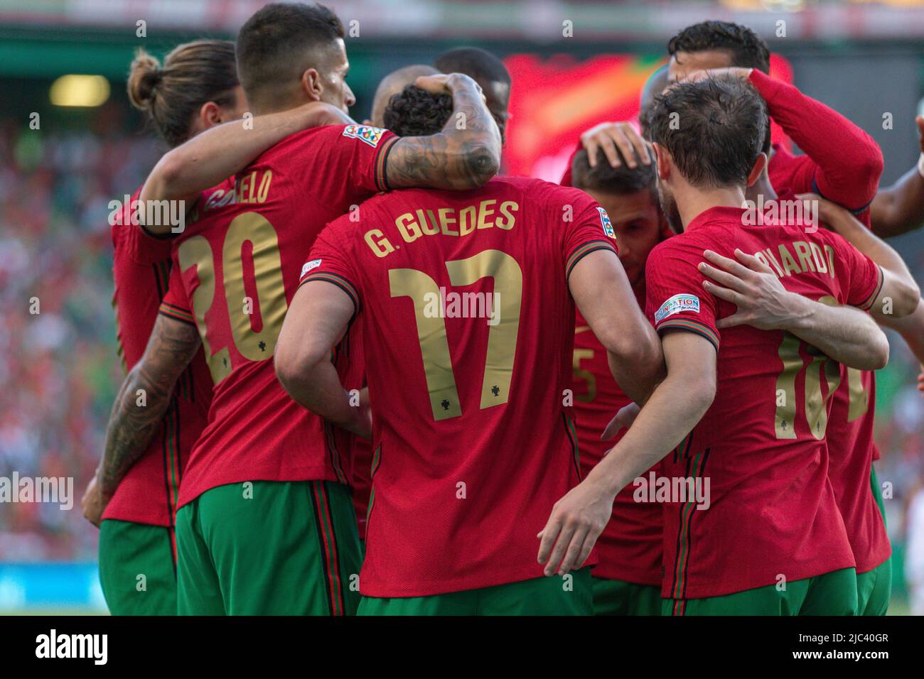 June 09, 2022. Lisbon, Portugal. Portugal's and Valencia midfielder Goncalo Guedes (17) celebrating after scoring a goal with teammates during the UEFA Nations League Final Tournament between Portugal and Czechia Credit: Alexandre de Sousa/Alamy Live News Stock Photo