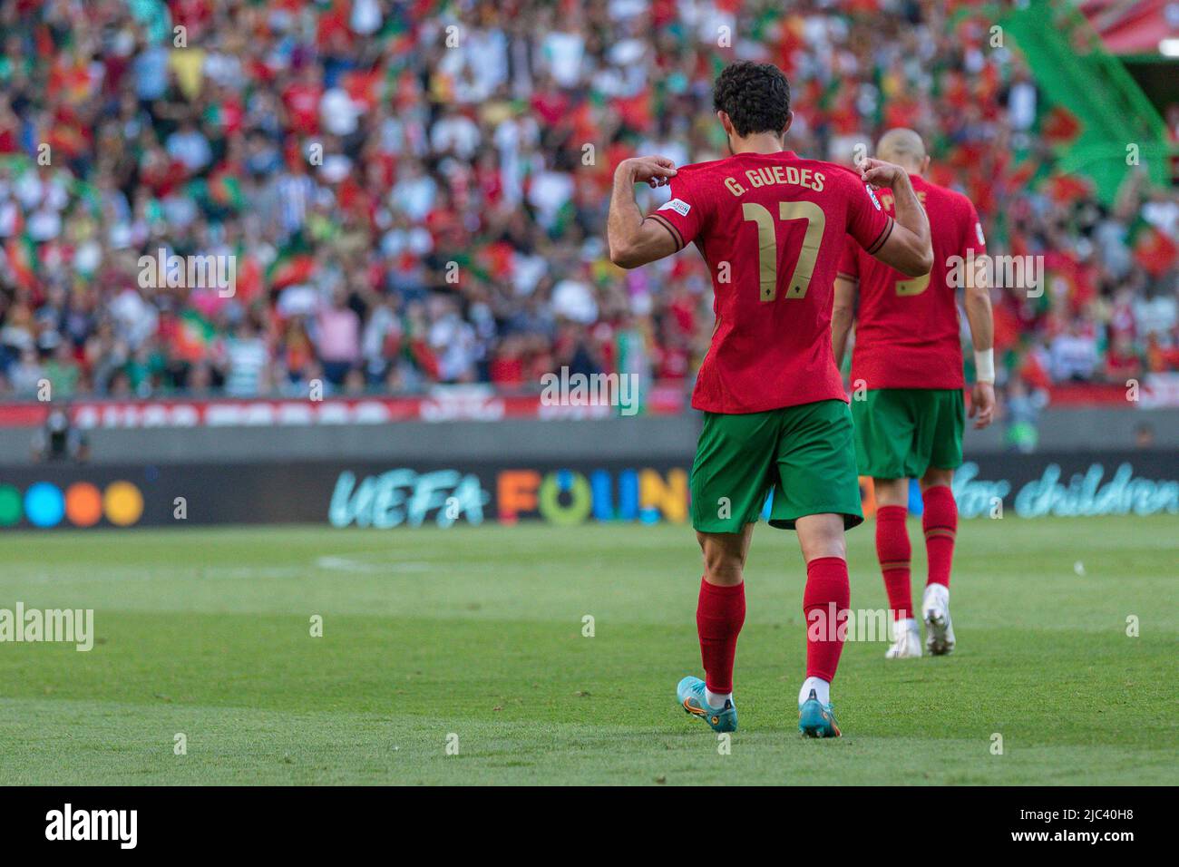 June 09, 2022. Lisbon, Portugal. Portugal's and Valencia midfielder Goncalo Guedes (17) celebrating after scoring a goal during the UEFA Nations League Final Tournament between Portugal and Czechia Credit: Alexandre de Sousa/Alamy Live News Stock Photo