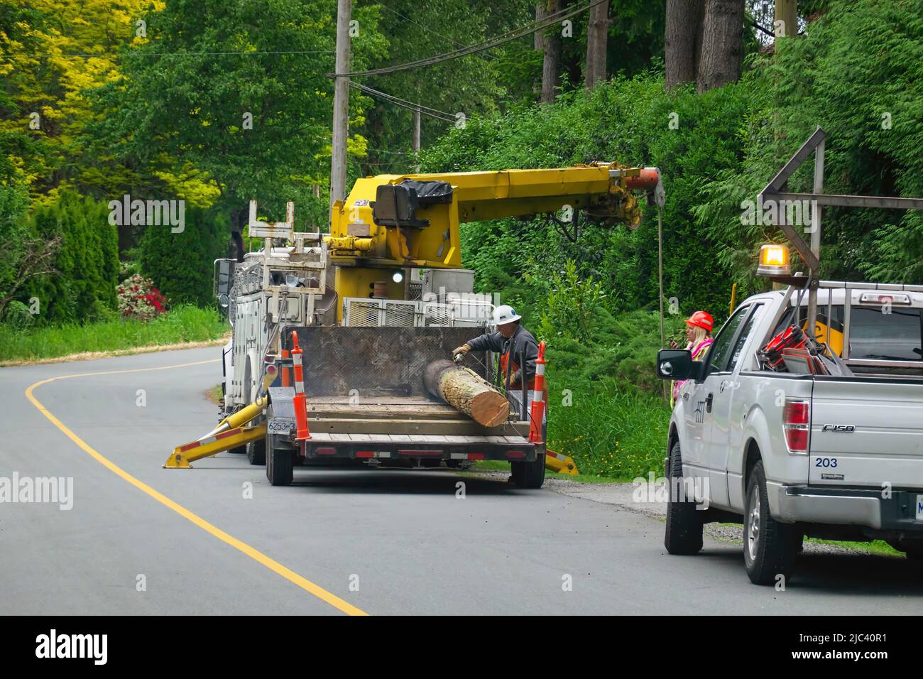 Maintenance crew removing and replacing a utility pole. Lower Mainland, B. C., Canada. Stock Photo