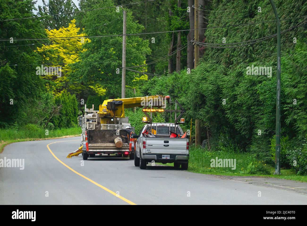 Maintenance crew removing and replacing a utility pole. Lower Mainland