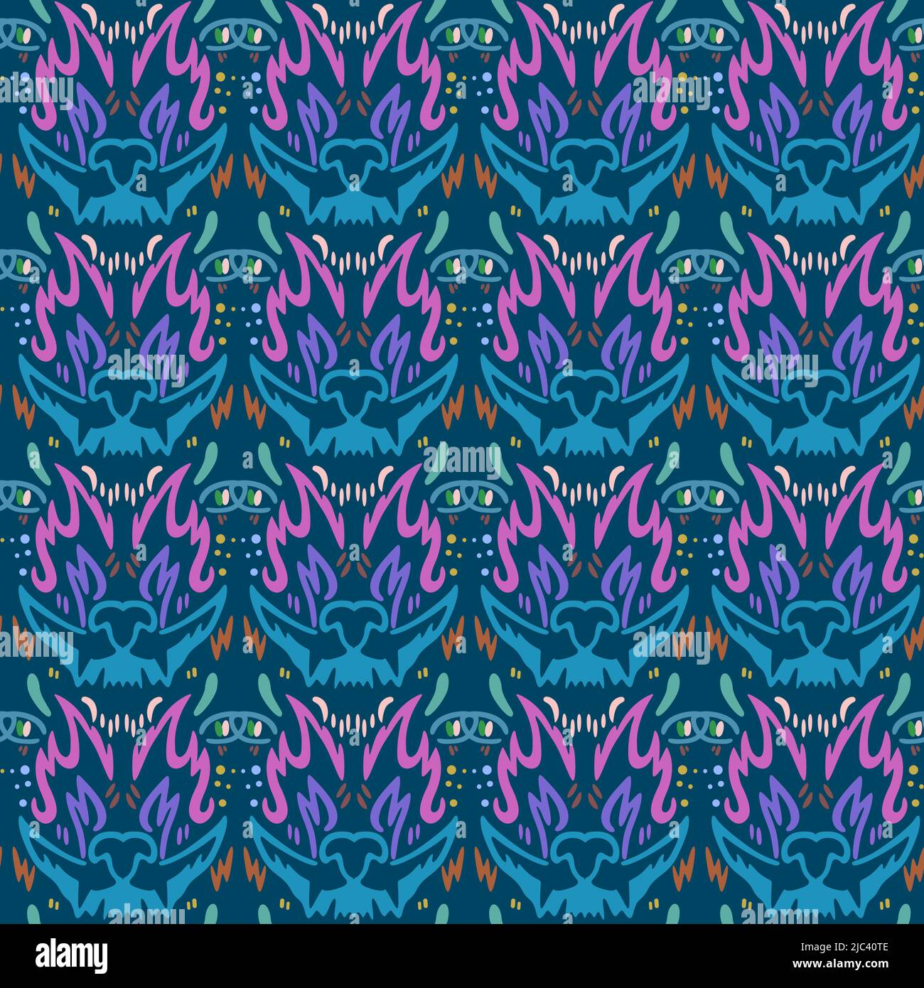 Regular psychedelic pattern with crying wolf heads. Stock Vector