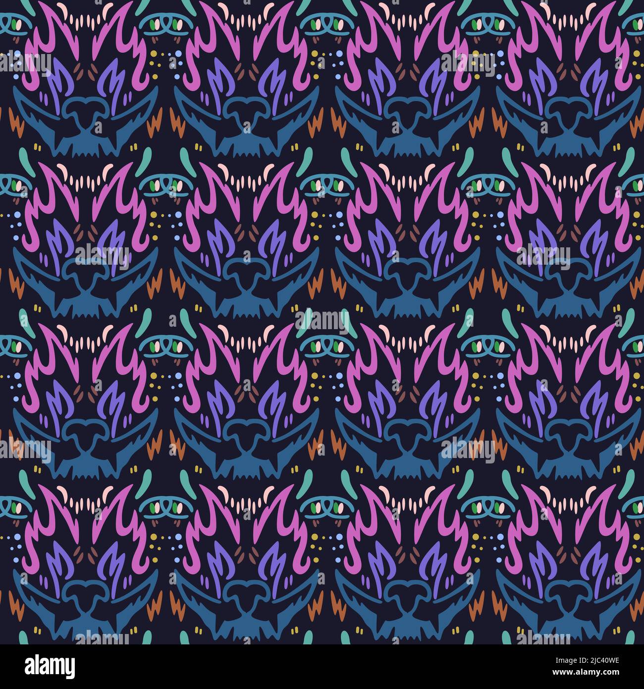 Regular psychedelic pattern with crying wolf heads. Stock Vector