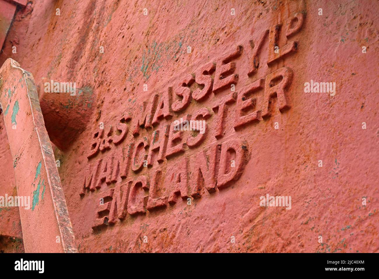 Cast iron steam hammer, made by B&S Massey Ltd ,Manchester at Blaenavon, outside the Big Pit, British steelmaking heritage Stock Photo