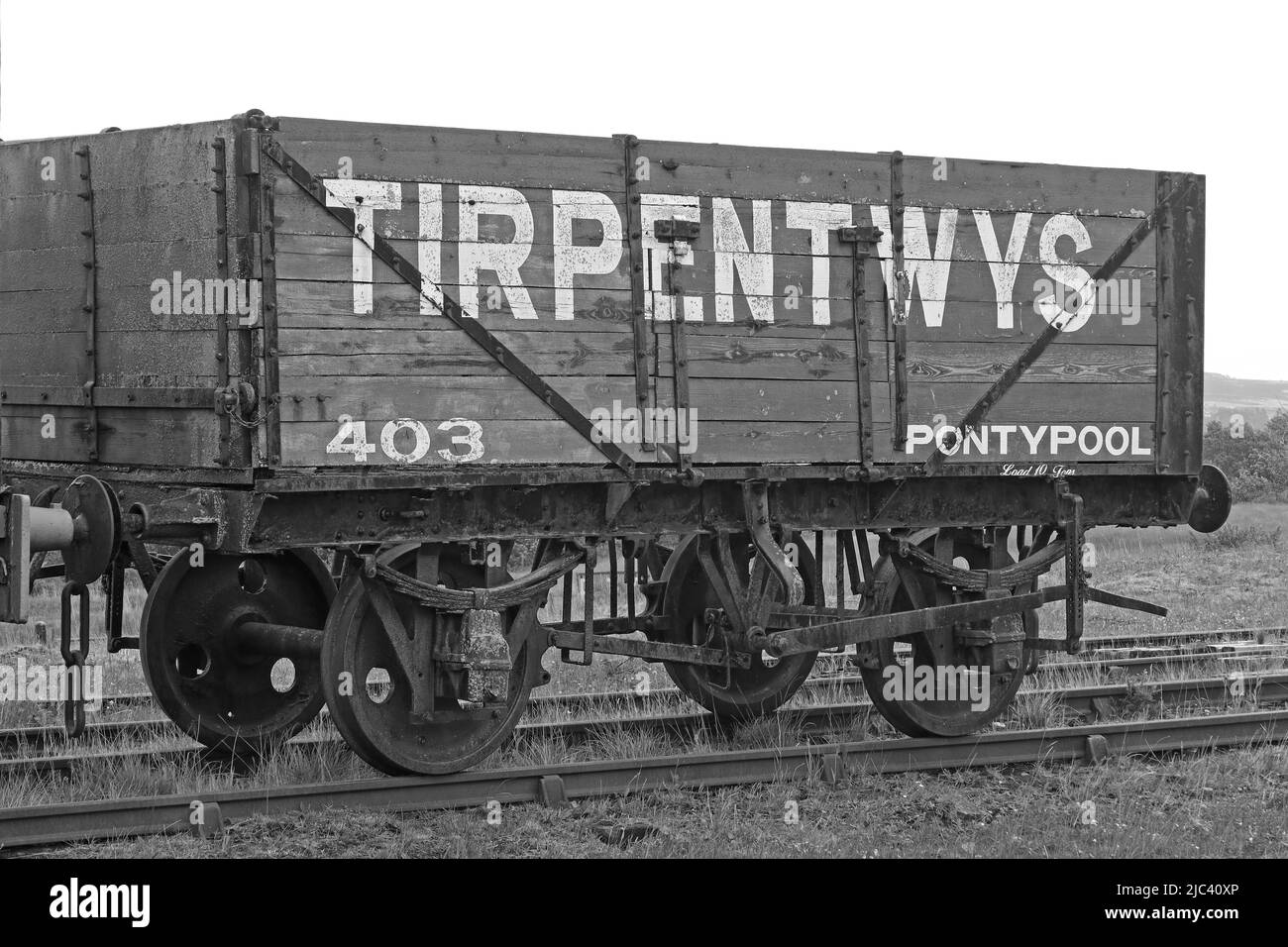 Historic old Rail Coal Waggon ,403 Tirpentwys , 21 ton steel , from Blaenavon, Pontypool, South Wales, UK Stock Photo