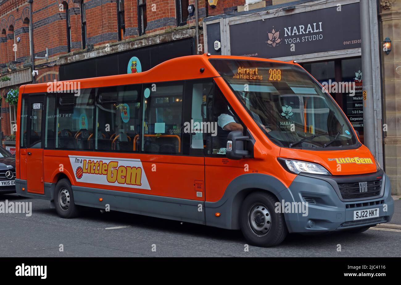 Little Gem bus - SJ22HKT, 288 to Manchester airport, via Hale Barns, in Altrincham town centre, Trafford, England, UK, WA14 1BA Stock Photo