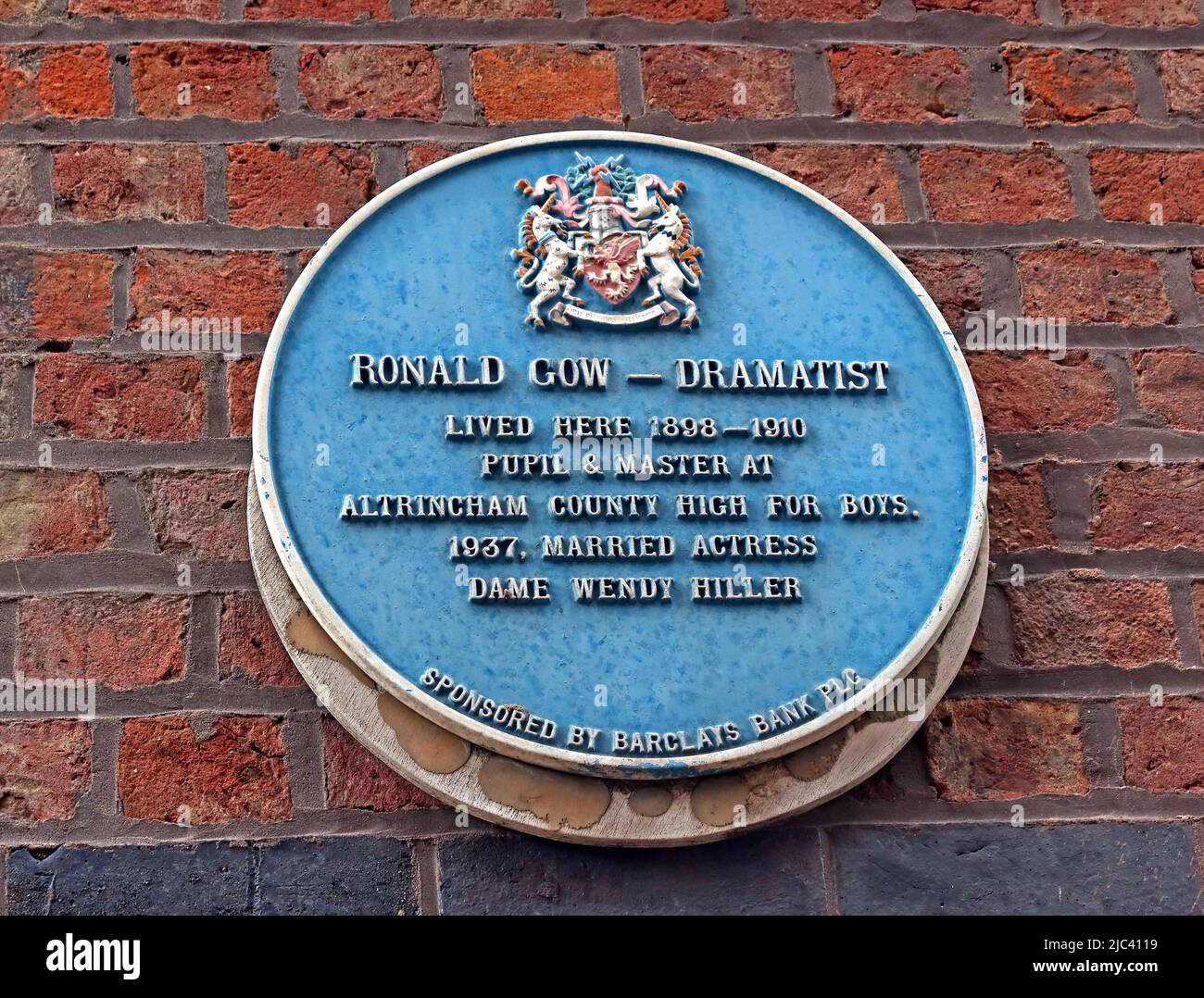 Ronald Gow Dramatist 1898-1910, blue plaque,  Married actress Dame Wendy Hiller, Altrincham, Cheshire, England, WA14 Stock Photo