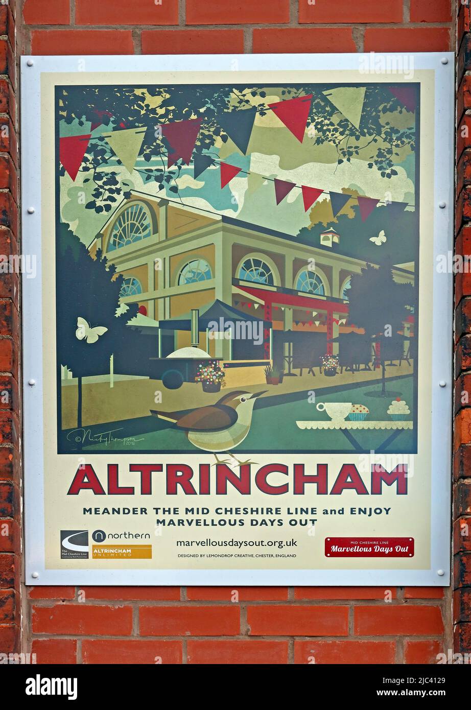 Poster for visits to Altrincham, Meander the mid-Cheshire Line rail route and enjoy marvellous train days out - Altrincham market & Dunham Massey Stock Photo