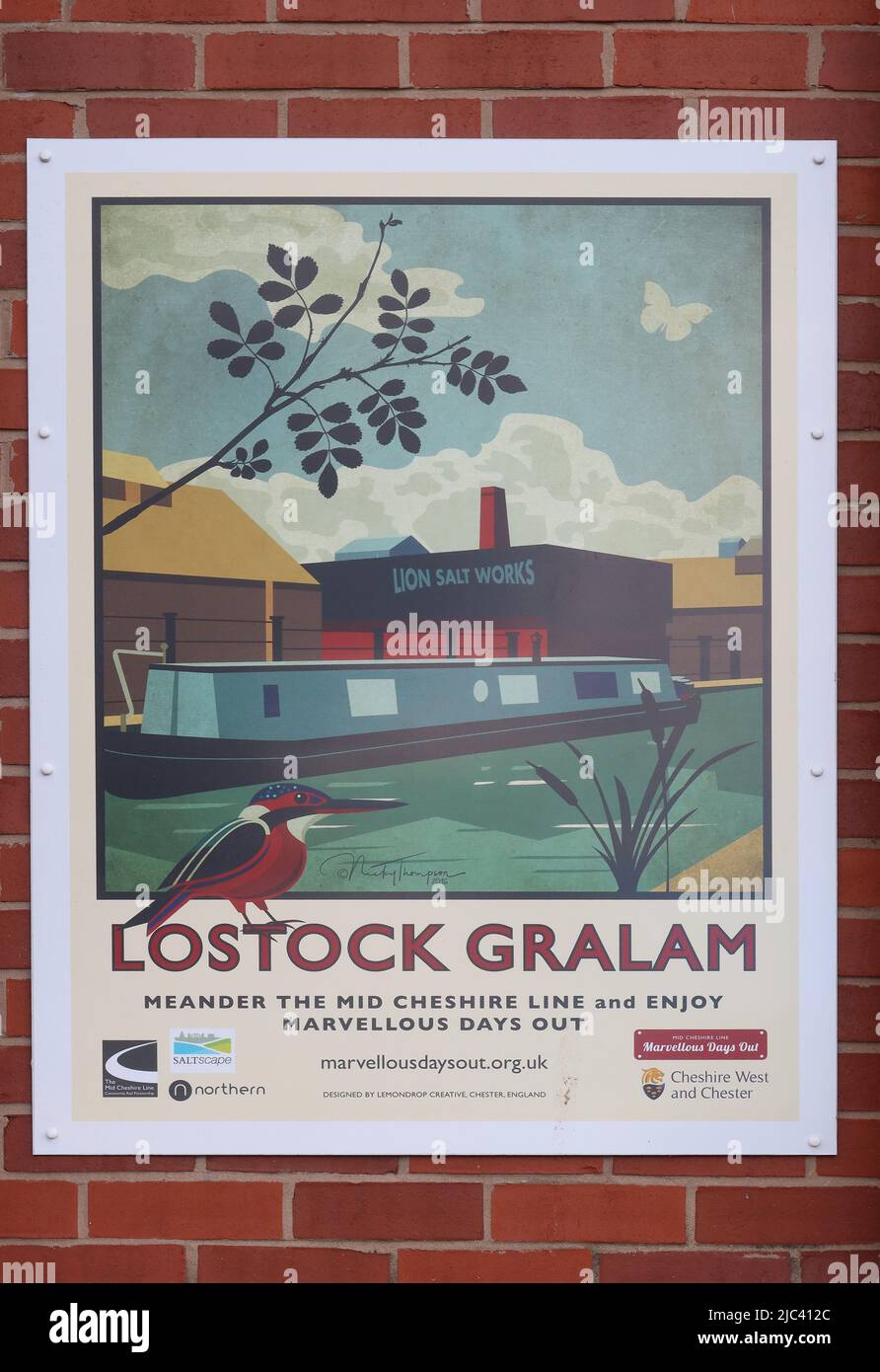 Poster for visits to Lostock Gralam, Meander the mid-Cheshire Line rail route and enjoy marvellous train days out - Lion Salt Works Stock Photo