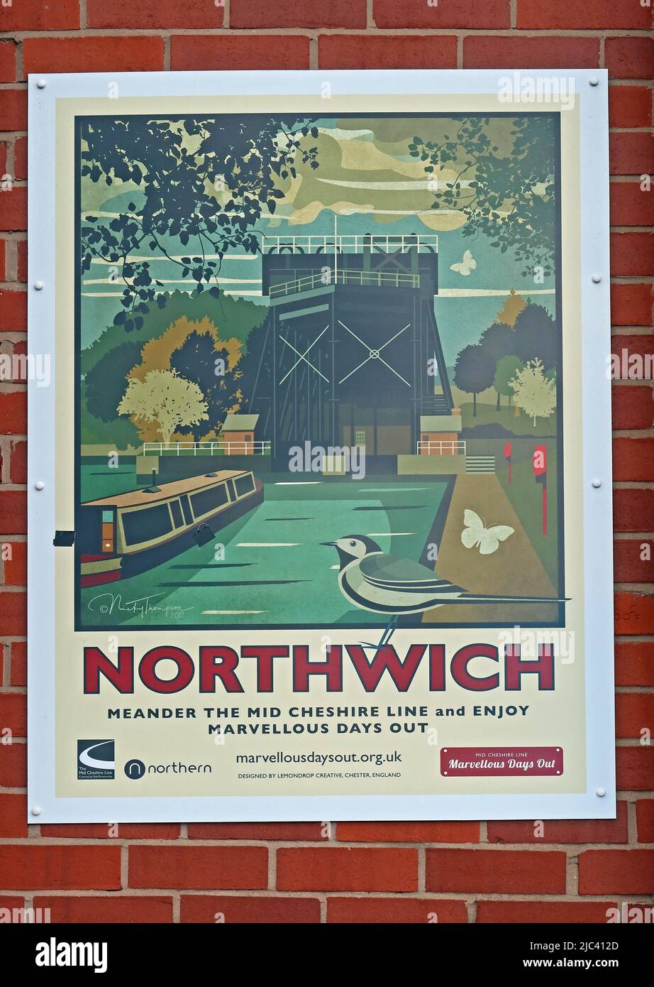Poster for visits to Northwich, Meander the mid-Cheshire Line rail route and enjoy marvellous train days out - Anderton Boat Lift, CW9 6FW Stock Photo