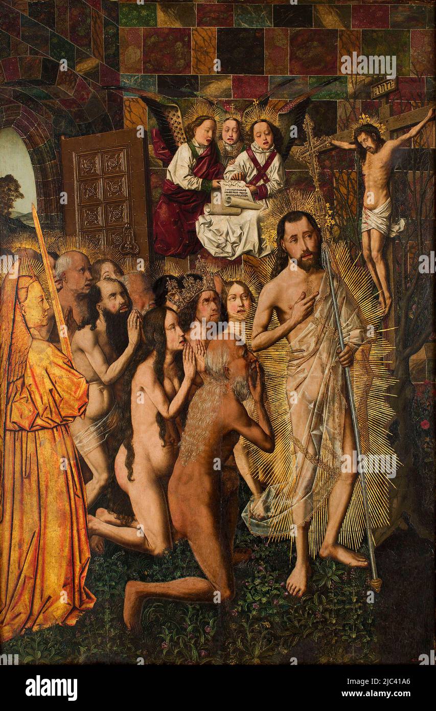 Christ leads the patriarchs from Hell to Paradise, by Bartolomeo Bertejo (1440-1501). Methuselah, Solomon and the Queen of Sheba, and Adam and Eve lead the procession of the righteous behind Christ. Stock Photo