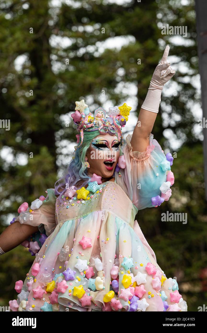Photo of emcee Rock M. Sakura at Sonoma County Pride.  Sakura was a contestant on season 12 of RuPaul’s Drag Race. Stock Photo