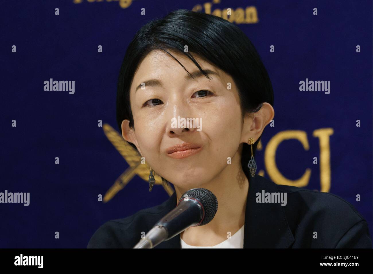 Director Chie Hayakawa of the winner of the Special Mention at the 75th annual Cannes film festival attends Q & A after the screening of film 'PLAN 75' at The Foreign Correspondents' Club of Japan in Tokyo, Japan on June 7, 2022. (Photo Motoo Naka/AFLO) Stock Photo