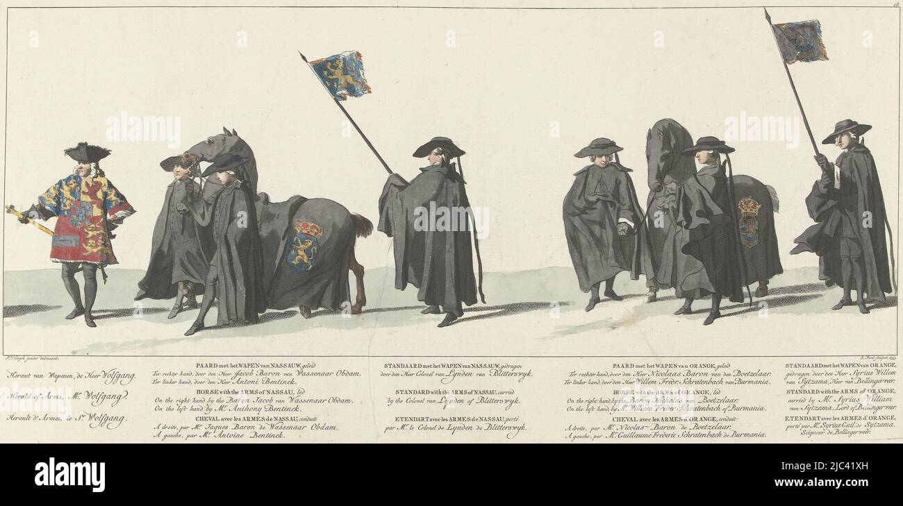 Herald followed by standards and horses with the arms of Nassau and Orange. In the margin the caption in Dutch, French and English. Part of a series of 41 plates of the funeral procession of Stadholder William IV in Delft on February 4, 1752. Numbered top right: 18., Funeral of William IV, 1752, plate 18 Herald van Wapen, de Heer Wolfgang / Paard met het Wapen van Nassauw (...) (title on object) Lyk-staetsie van zyne doorluchtigste Hoogheid den Heere Willem [IV] Carel Hendrik Friso, Prince van Orange en Nassau... held the IV February 1752 (series title on object), print maker: Jan Punt, ( Stock Photo