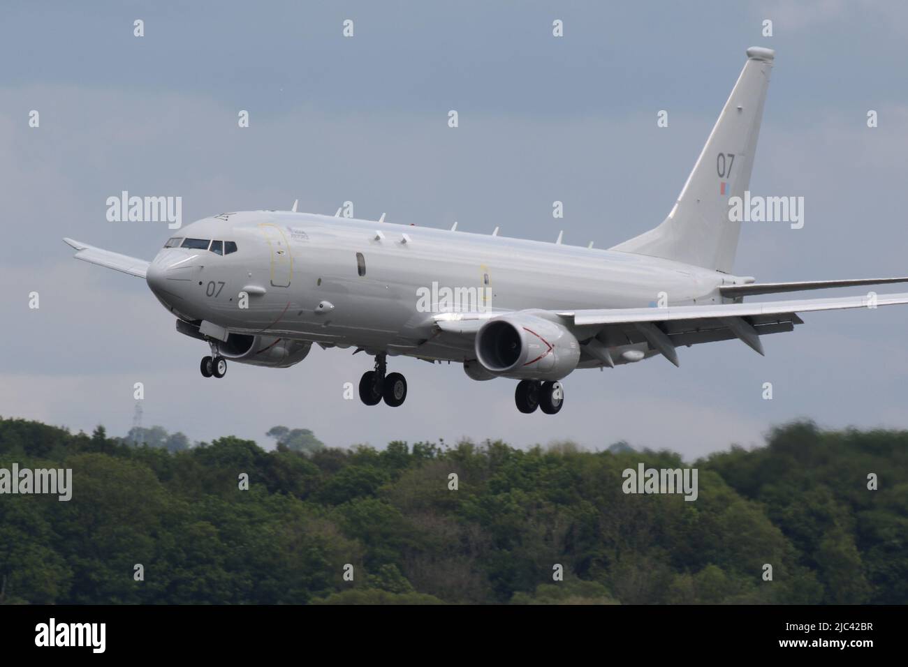 ZP807 'William Barker VC', a Boeing Poseidon MRA1 operated by the Royal Air Force in the maritime patrol role, during training flights at Prestwick International Airport in Ayrshire, Scotland. Stock Photo