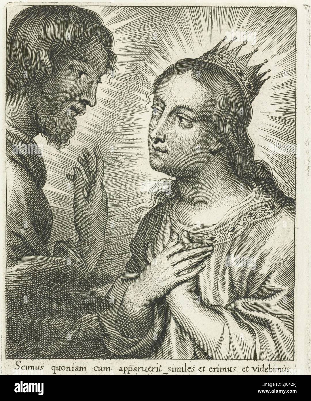 Crowned Mary and Christ. Below the scene is a Bible quotation in Latin, Dutch and French from John 1, verse 3., Crowned Mary and Christ V, print maker: Schelte Adamsz. Bolswert, Peter Paul Rubens, publisher: Cornelis Galle (II), (mentioned on object), 1596 - 1678, paper, engraving, h 130 mm × w 88 mm Stock Photo