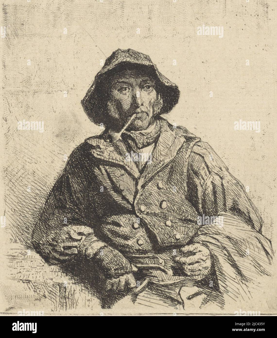 Sailor with a sou'wester and a pipe, print maker: Hendrik Jacobus Scholten, 1836 - 1907, paper, etching, h 98 mm × w 93 mm Stock Photo