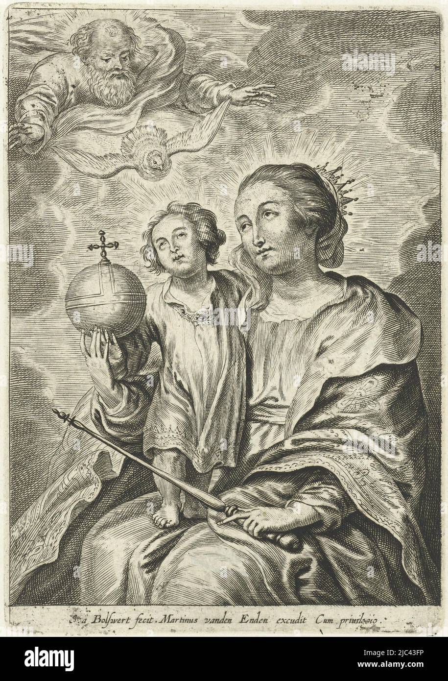 Crowned Mary seated with the Christ child on her lap, Christ holding a globe or empire apple and Mary holding a scepter. Both look to God the Father and the dove as symbols of the Holy Spirit appearing in heaven above them., Mary with Christ Child, God the Father and Holy Spirit V, print maker: Schelte Adamsz. Bolswert, (mentioned on object), Peter Paul Rubens, publisher: Martinus van den Enden, (mentioned on object), 1596 - 1659, paper, engraving, h 127 mm × w 89 mm Stock Photo