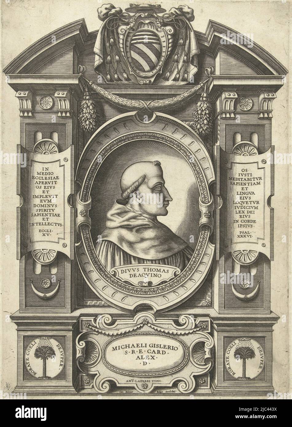 Portrait of Thomas Aquinas. Oval medallion with bust to right. The scholastic sage Thomas Aquinas is wearing a monk's habit. Two cartouches to left and right of portrait with Latin inscriptions. At top, a coat of arms. At bottom a cartouche with a dedication to Cardinal Michael Ghisleri., Thomas Aquinas, print maker: Jacob Bos, (mentioned on object), publisher: Antonio Lafreri, (mentioned on object), Antonio Michele Ghislieri, Rome, after c. 1557 - 1566, paper, engraving, h 332 mm × w 240 mm Stock Photo