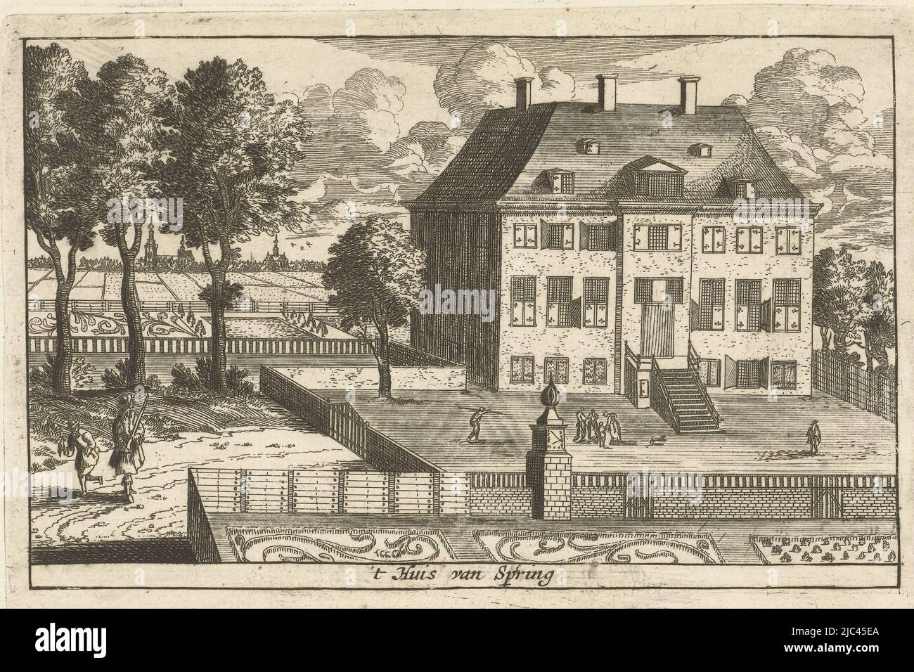 A country house with garden depicting several people and a dog. Part of a mirror symmetrical garden is visible in the foreground and a sundial on the stone pillar of the fence. On the path outside the gardens are a falconer and a hunter., Country house with falconer 't Huis van Spring (title on object) 't Huis van Spiring (title on object), print maker: Cornelis Elandts, The Hague, 1663 - 1670, paper, etching, h 116 mm × w 168 mm Stock Photo