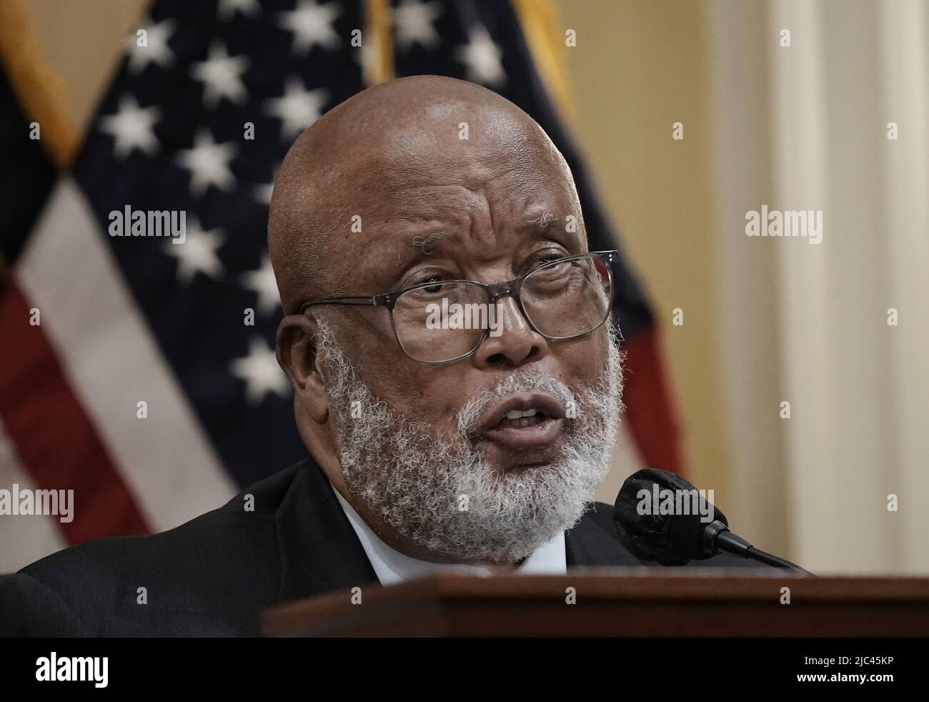 Washington, United States. 09th June, 2022. Committee Chairman Bennie Thompson, D-MS, speaks as the House select committee investigating the Jan. 6 attack on the U.S. Capitol holds its first public hearing to discuss its findings of a year-long investigation, on Capitol Hill in Washington, DC on Thursday, June 9, 2022. Photo by Ken Cedeno/UPI Credit: UPI/Alamy Live News Stock Photo
