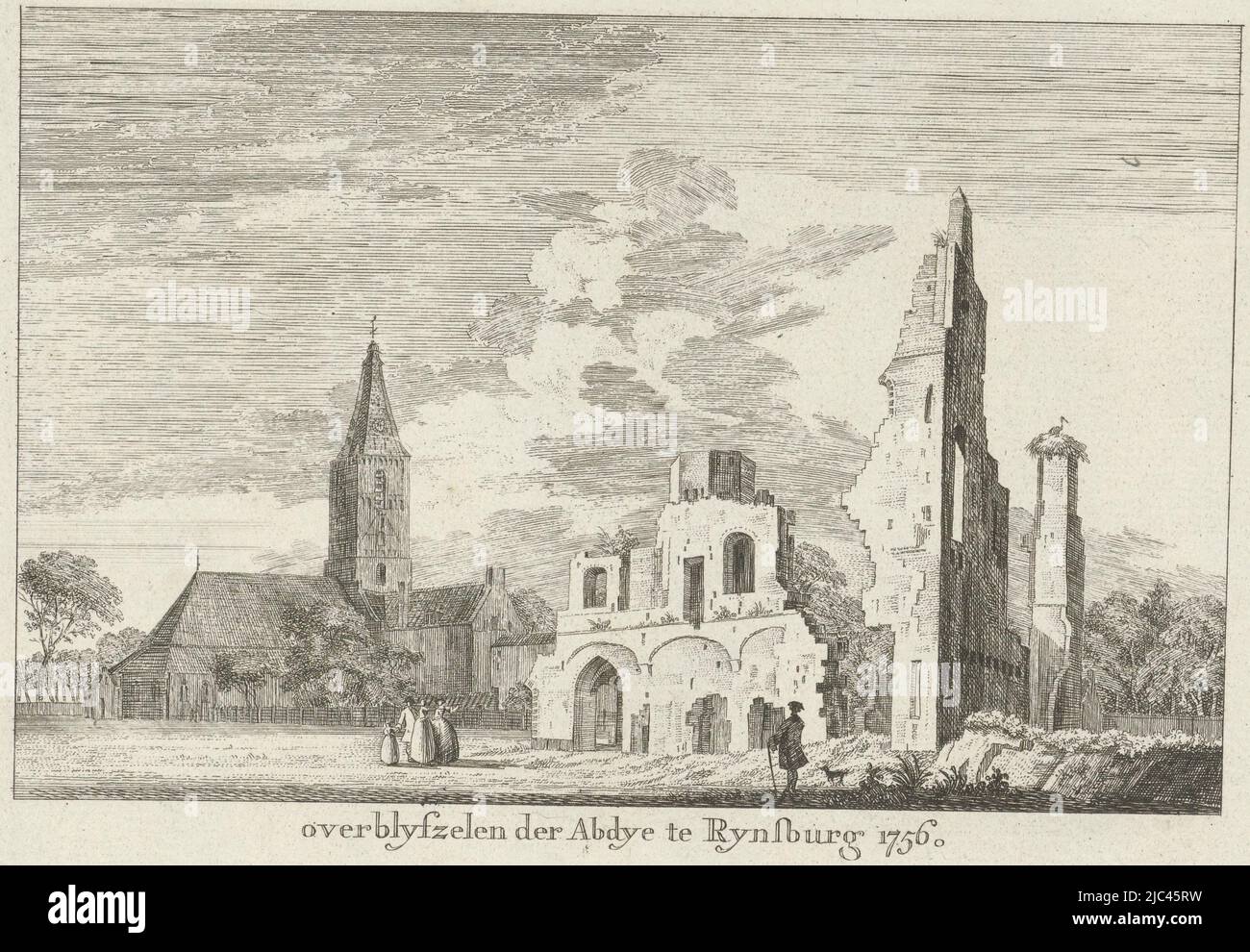 View of the abbey at Rijnsburg and the adjacent church. In the foreground on the right is a man with a dog, on the left a group of figures are looking at the ruins, Ruin of Rijnsburg Abbey, 1756 Overblyfzelen der Abdye te Rynsburg 1756 (title on object), print maker: Paulus van Liender, c. 1741 - c. 1797, paper, etching, h 143 mm × w 209 mm Stock Photo