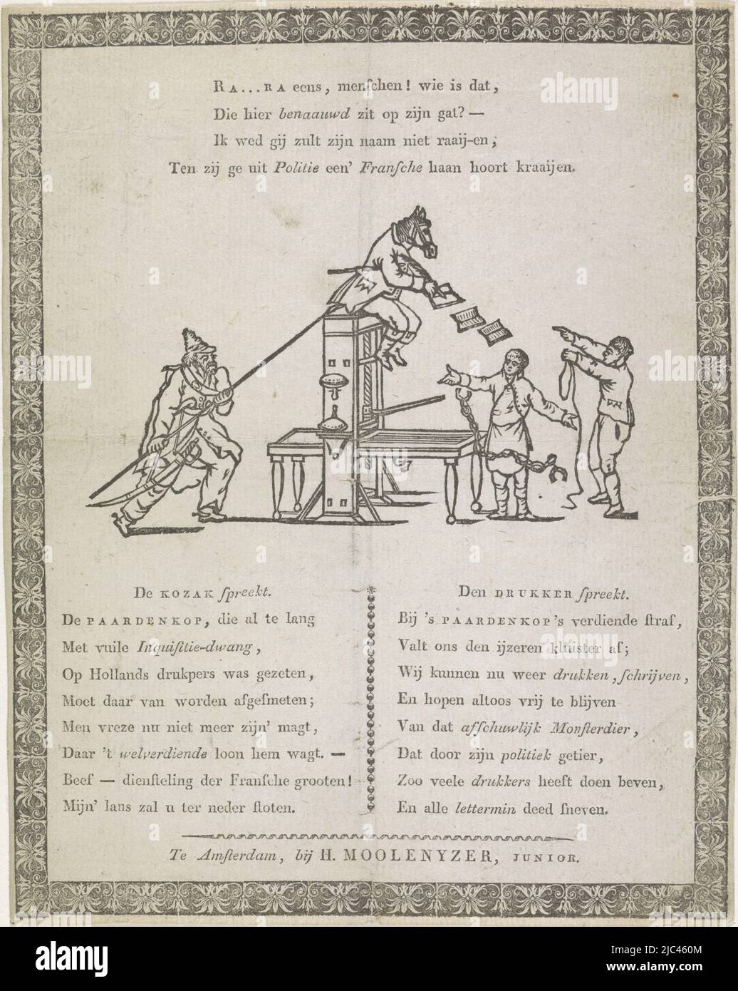 Cartoon on C.A. van Raay, inspector or censor of the book trade, during the French administration falling in 1813. A horse-faced man seated atop a printing press is repelled by a cossack with his lance. To the right stand two printers, on seeing this the cuffs fall from their hands. Above the representation a four-line verse, below the representation a 16-line verse in two columns, Cartoon on Van Ray, inspector of the book trade, during the French administration, 1813., print maker: anonymous, publisher: H. Moolenijzer jr., (mentioned on object), print maker: Netherlands, publisher: Amsterdam Stock Photo