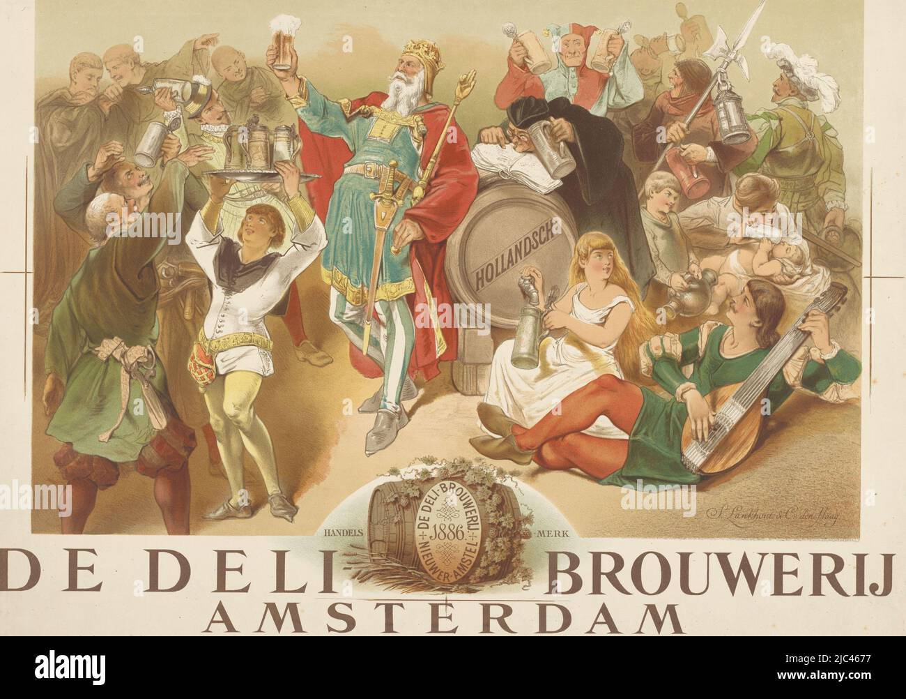 In the center, King Gambrinus stands leaning against a barrel, holding in his left hand a scepter, in his raised right hand a glass filled with beer. He is surrounded by a crowd of persons. To the right of the barrel a young girl is seated, who is filling a crucible from it, next to her a young man is sitting playing the cither. On the left a young man is holding a dish with a number of beers above his head: In the R.O.H.: S. Lankhout & Co. the Hague. In the middle of the margin and the lower part of the print is a barrel wreathed with hops, in front of which is an oval shield with the Stock Photo
